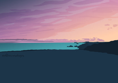 A digitally drawn illustration of Newgale beach at sunset in bright purples, blue and orange.