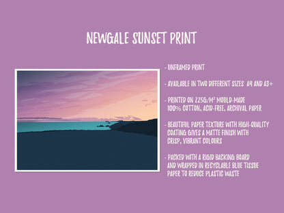 A print mock up of a purple, orange and blue illustration of Newgale beach at sunset, with a list of key product features.