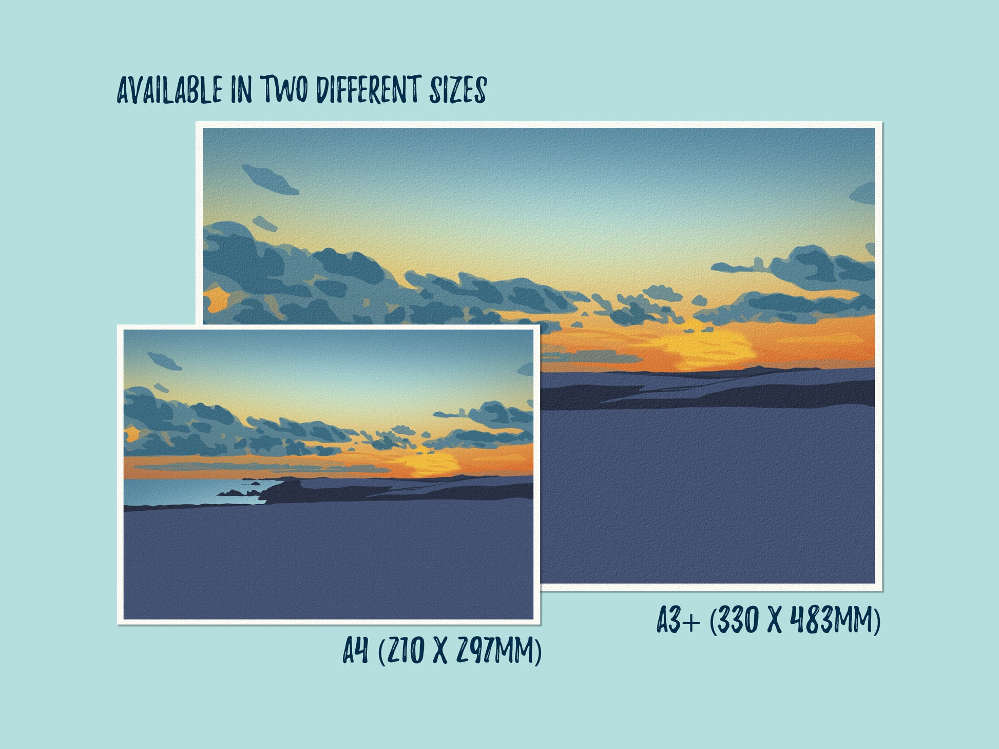 A mockup of an illustration of Newgale beach at sunset, showing the two print sizes available to order: A4 and A3+.