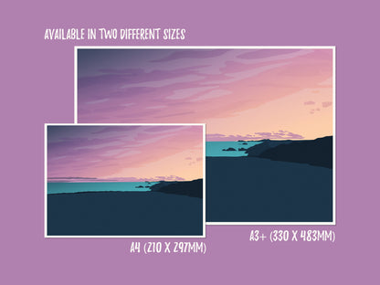 A mock up of an illustration of Newgale beach at sunset, showing the two different print sizes available to order: A4 and A3+.