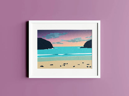 Purple and blue print of Nolton Haven beach at sunset, in a white photo frame on a purple wall