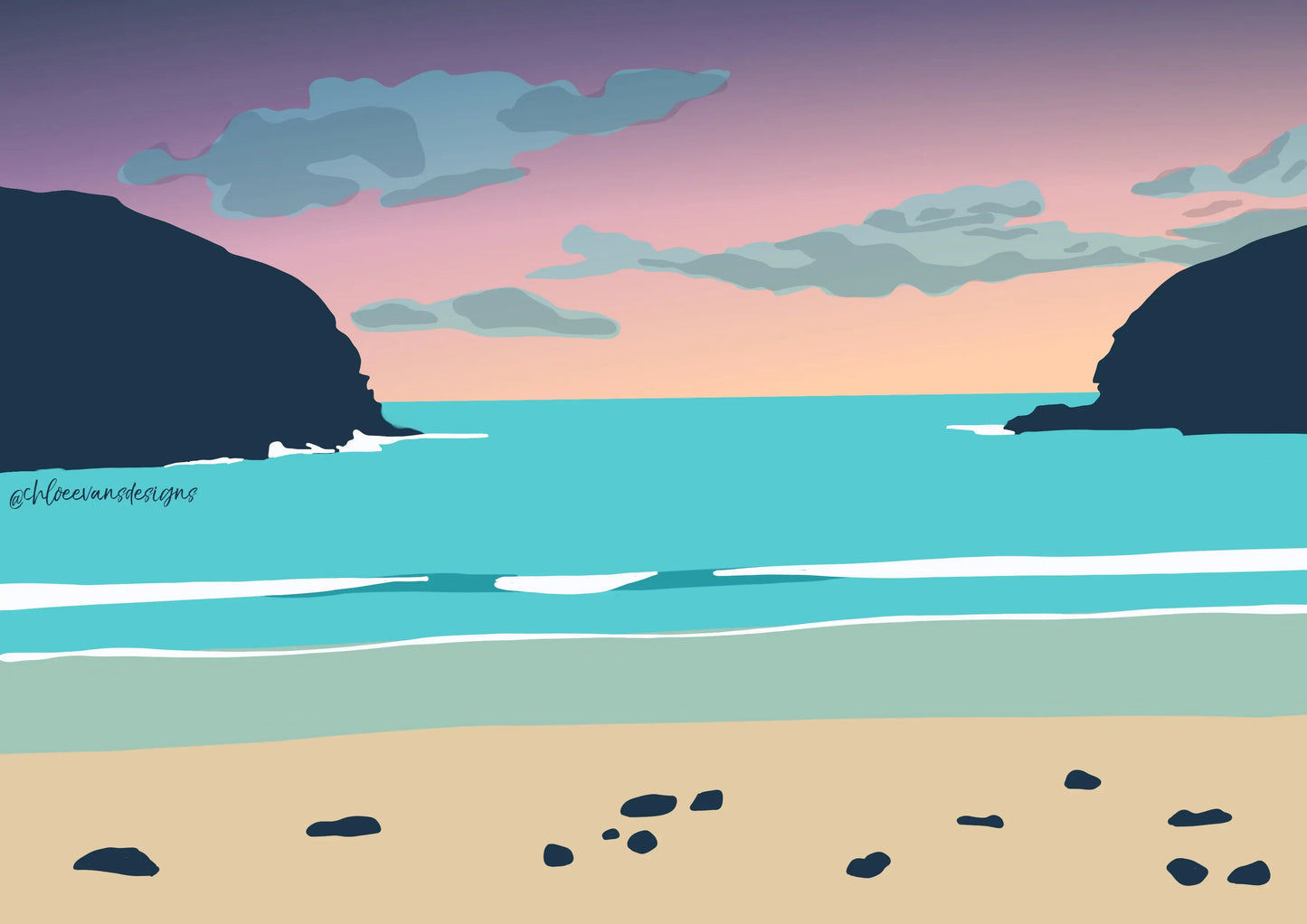 Purple, blue and cream illustration of Nolton Haven beach at sunset