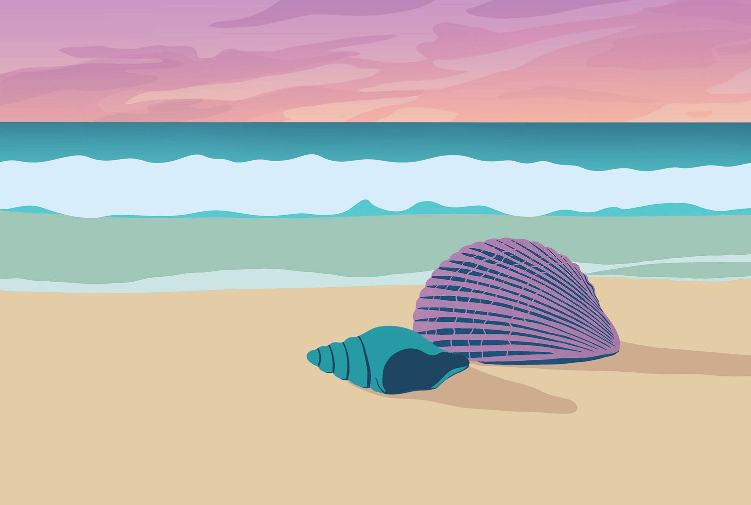 On the Sea Shore – Limited Edition A3+ Signed Shells & Sunset Illustration - Chloe Evans Designs