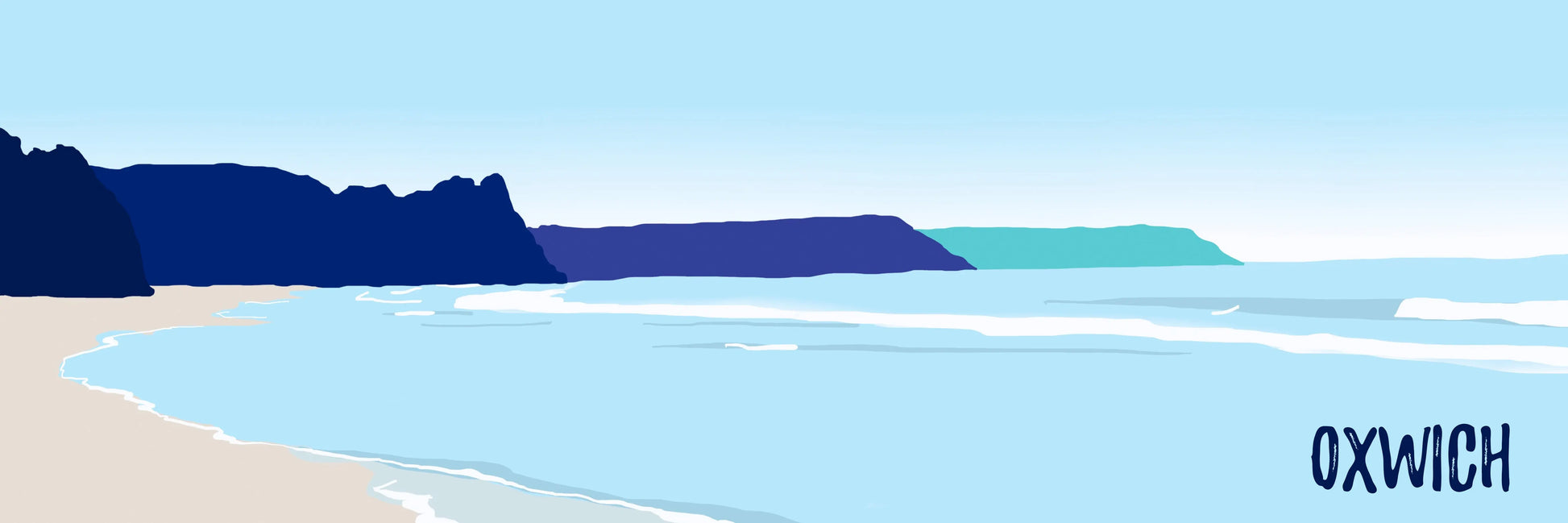 A summery blue digital illustration of Oxwich beach.