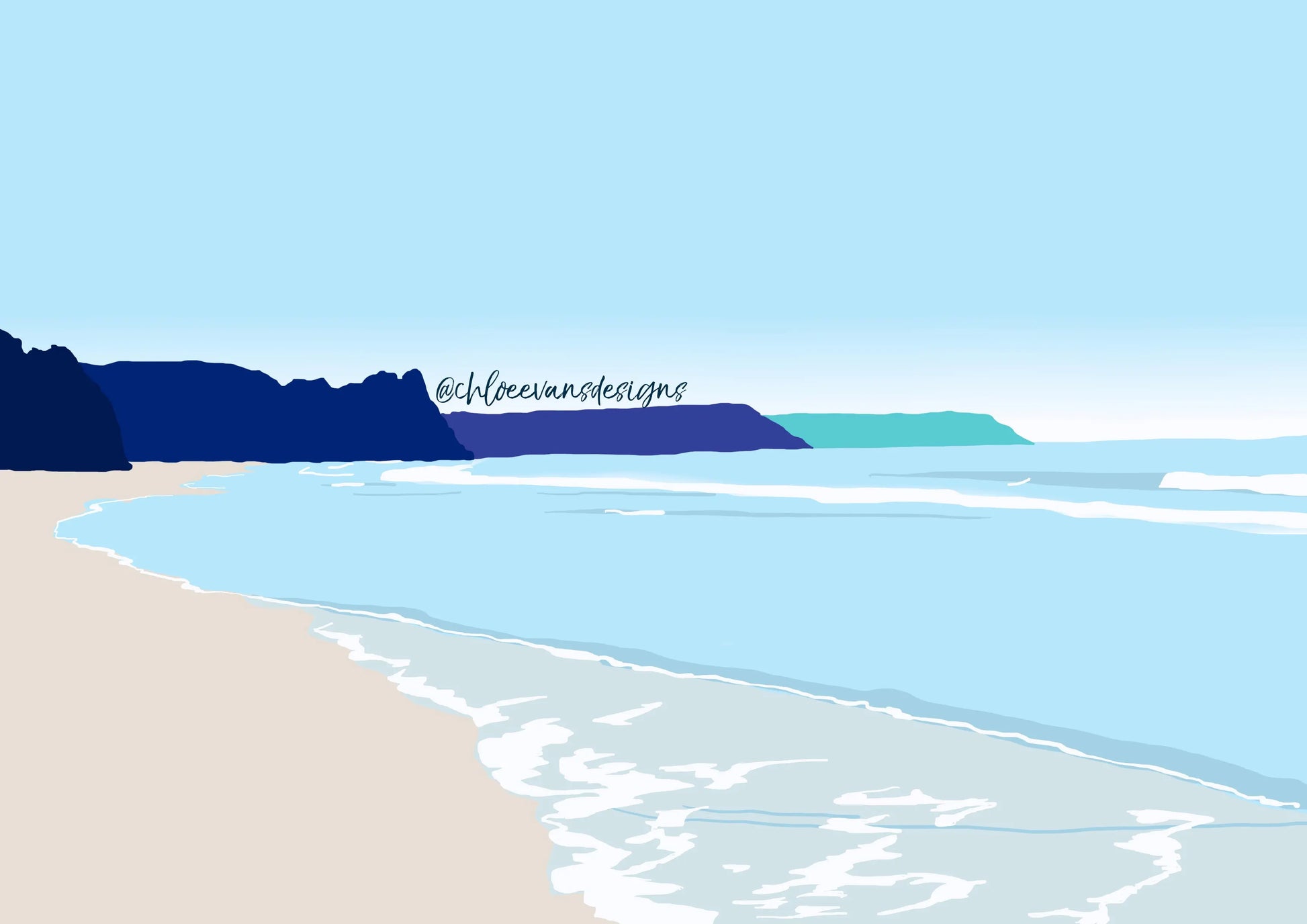 Blue and turquoise digital illustration of Oxwich Bay, Gower.