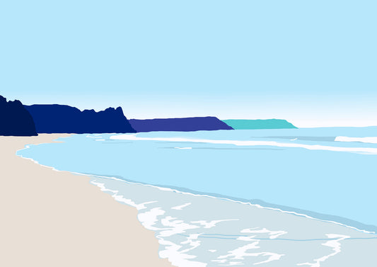 Oxwich Bay Print – a colourful coastal illustration capturing the sweeping views of Oxwich Bay on Gower Peninsula.