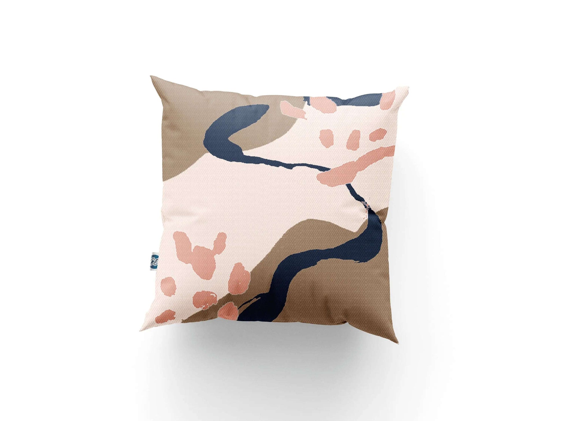 Digital mockup of pink, brown and blue abstract printed cotton handmade cushion