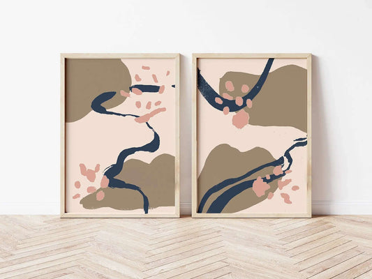 Digital mockup of pink, brown and blue abstract coastal diptych print set in wooden frames