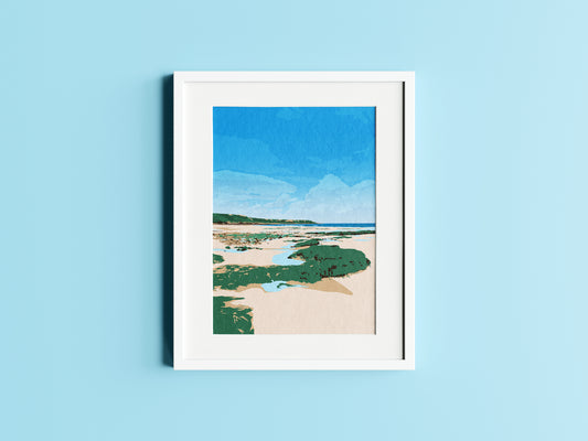 A digital mock up of an illustration of Port Eynon beach in a white frame, on a blue background.