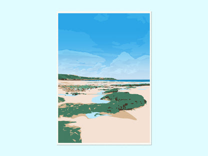 A digital mock up of an illustration of Port Eynon beach printed on paper on a blue background.