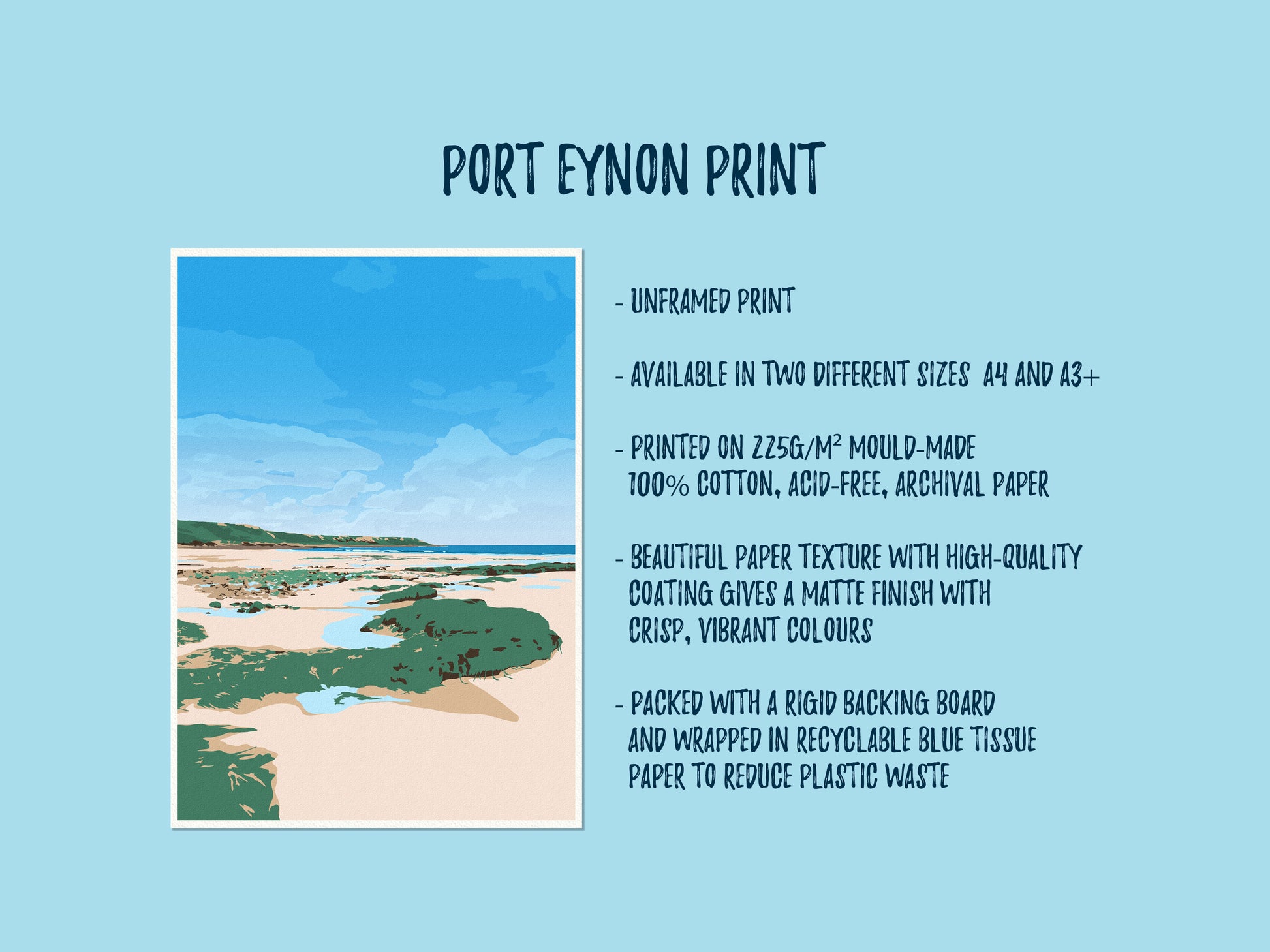 A mock up of a Port Eynon beach print, with a list of the product features and key selling points.