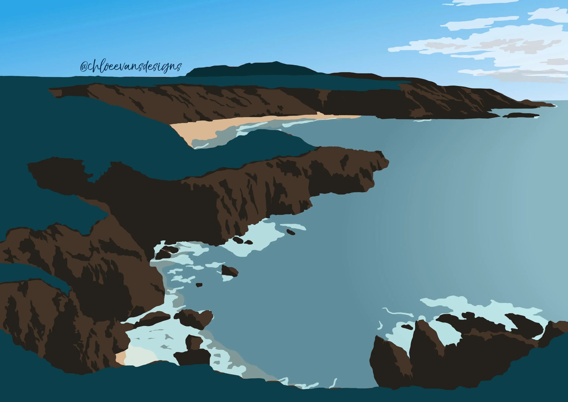 Green, brown and blue digital illustration of Porthor, Whistling Sands in North Wales