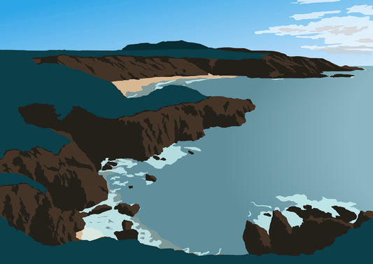 Illustration of Porthor 'Whistling Sands,' showcasing the famous singing sands and turquoise waters.