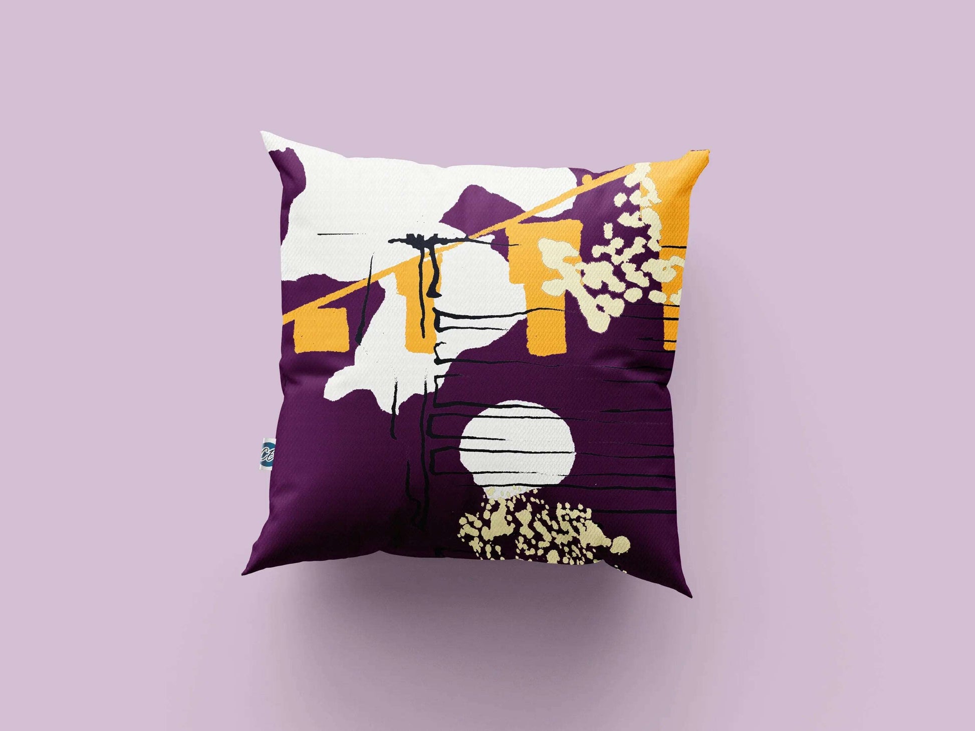 Digital mock up of purple and yellow abstract printed cotton handmade cushion on purple background