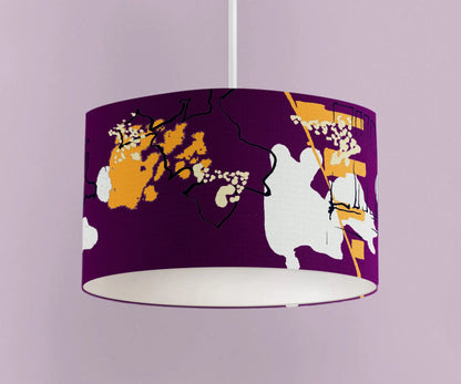 Digital mockup of 30cm purple and yellow abstract handmade lampshade on pendant ceiling light