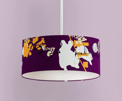 Digital mockup of 45cm purple and yellow abstract handmade lampshade on pendant ceiling light