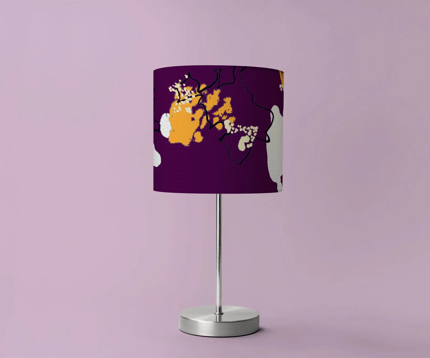 Digital mockup of 20cm purple and yellow abstract handmade lampshade on silver table lamp