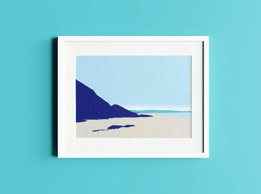 Digital mock up of blue Penycwm/Pwll March to Newgale beach illustration in frame on turquoise wall backdrop