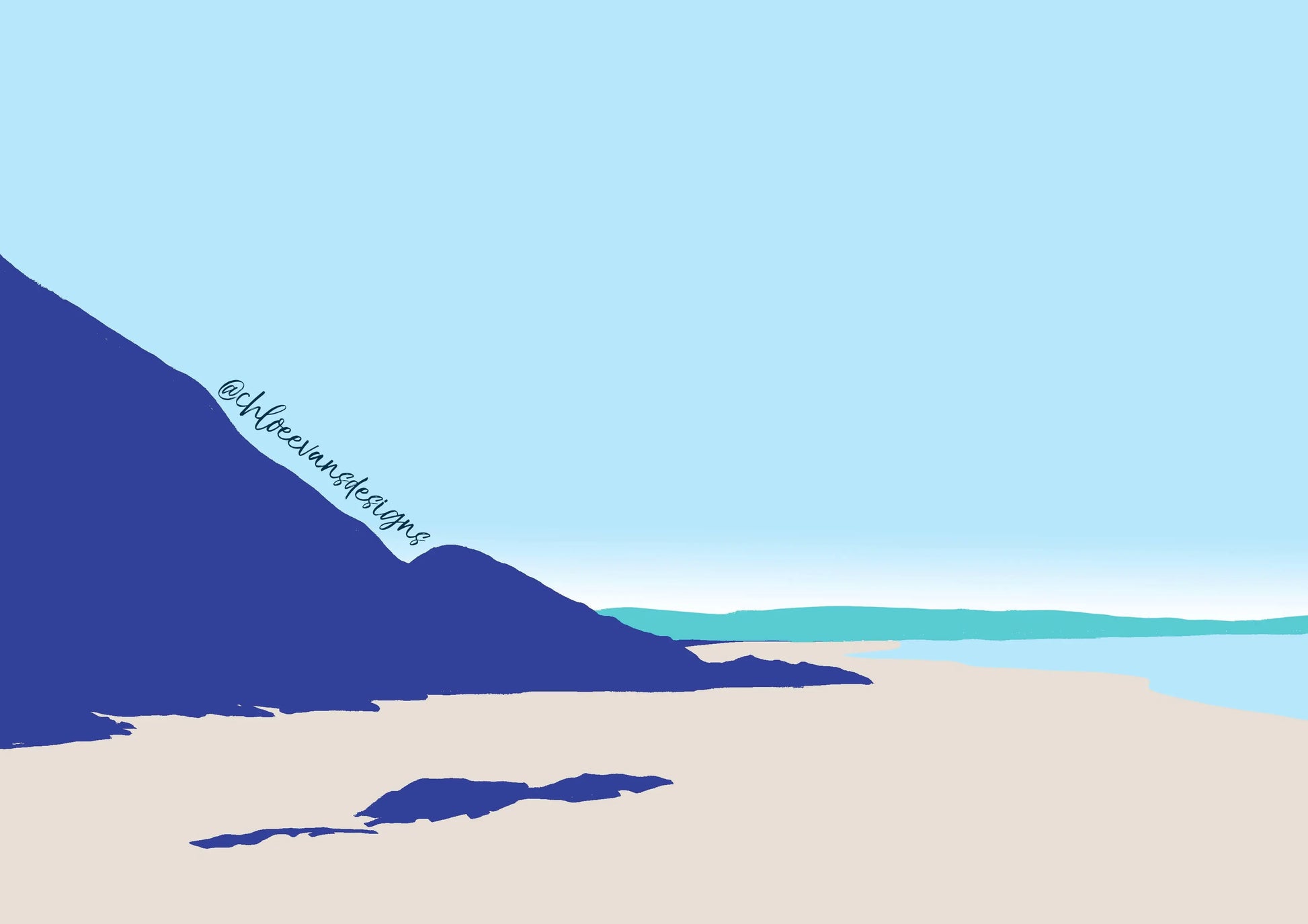 Blue and turquoise digital illustration of Pwll March Penycwm beach to Newgale beach