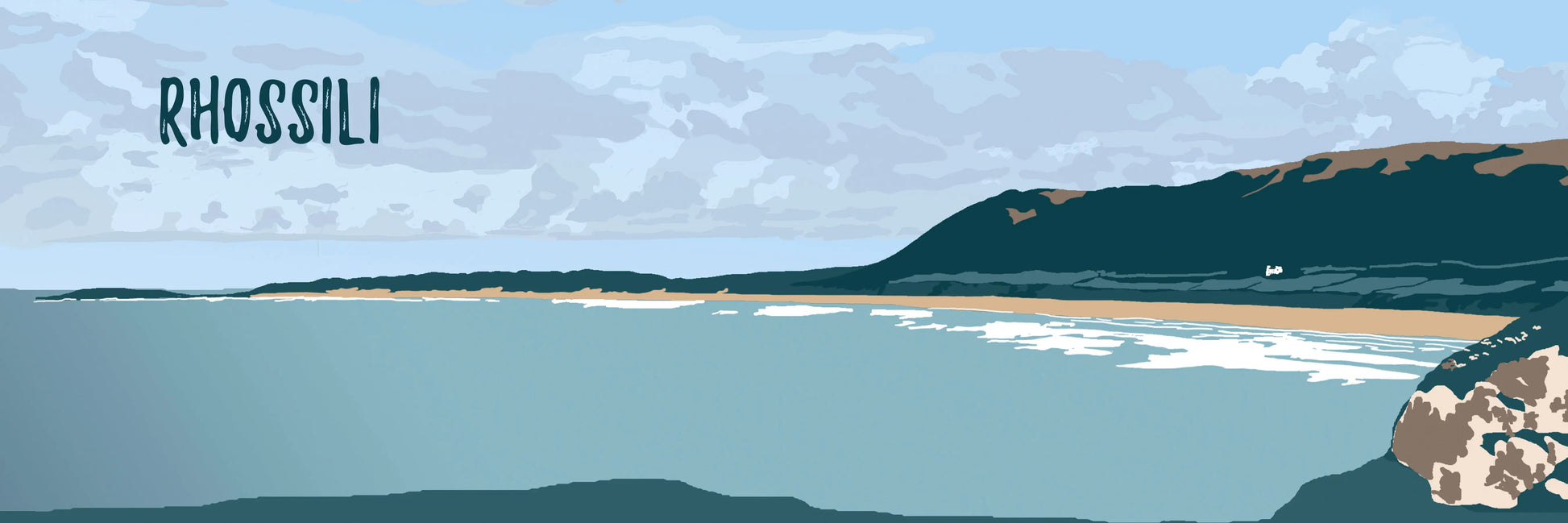 Green and blue digital illustration of Rhossili beach, with the word 'Rhossili' printed in the top left corner.