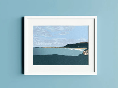 Digital mock up of green Rhossili illustration in white frame on green wall backdrop