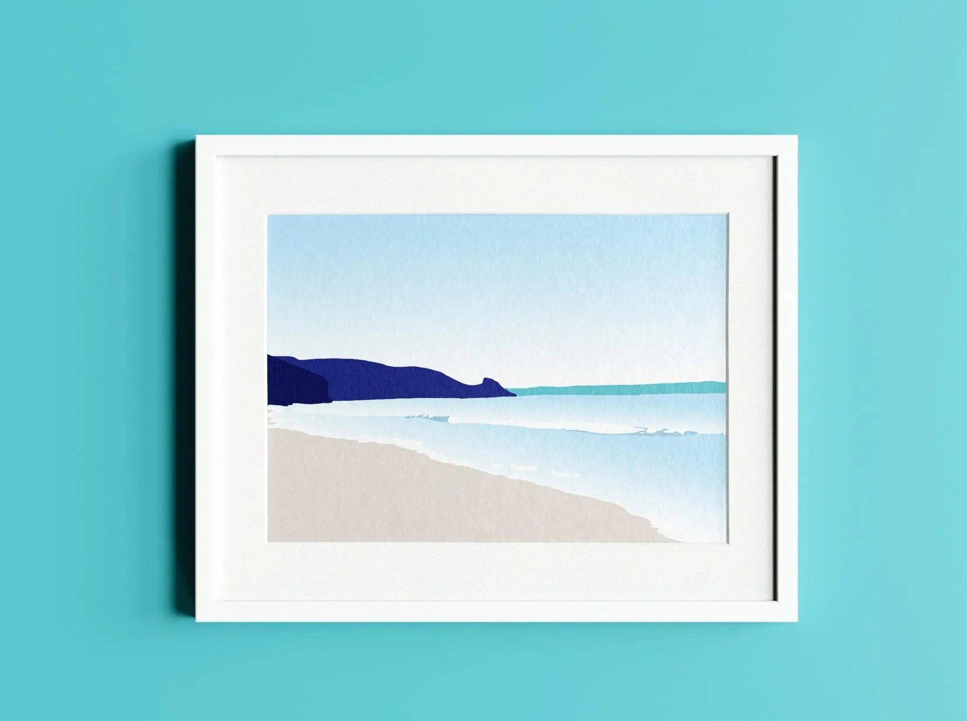 Digital mock up of blue and turquoise Rickets Head Newgale print in white frame on turquoise wall background