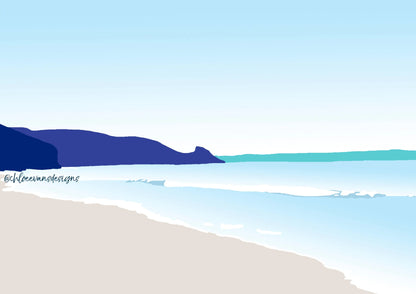 Digital illustration of blue and turquoise Rickets Head at Newgale beach