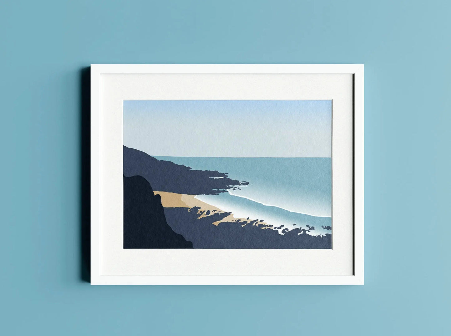 Digital mock up of Rotherslade illustration print in white frame on blue wall backdrop