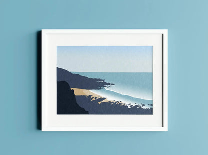 Digital mock up of Rotherslade illustration print in white frame on blue wall backdrop