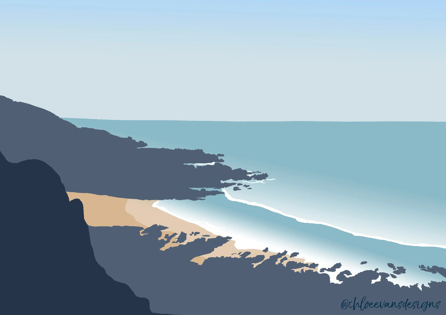 Blue digital illustration of Rotherslade beach, Gower