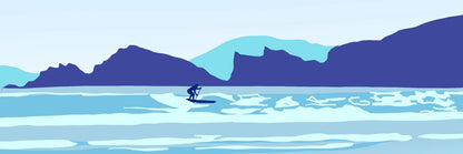 A digital illustration of a paddleboarder surfing with cliffs in the background.