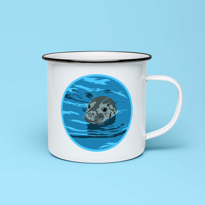 10oz enamel camping mug featuring a cute seal popping out of the water
