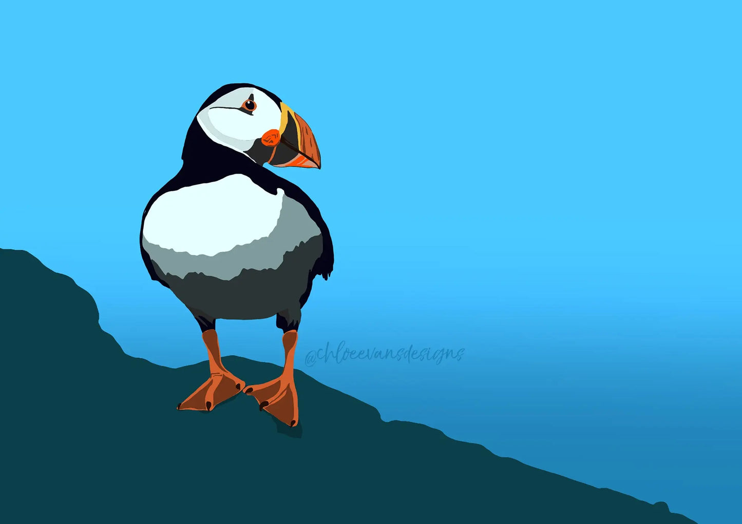 An illustration of a puffin stood on dark green ground, against a blue gradient background.