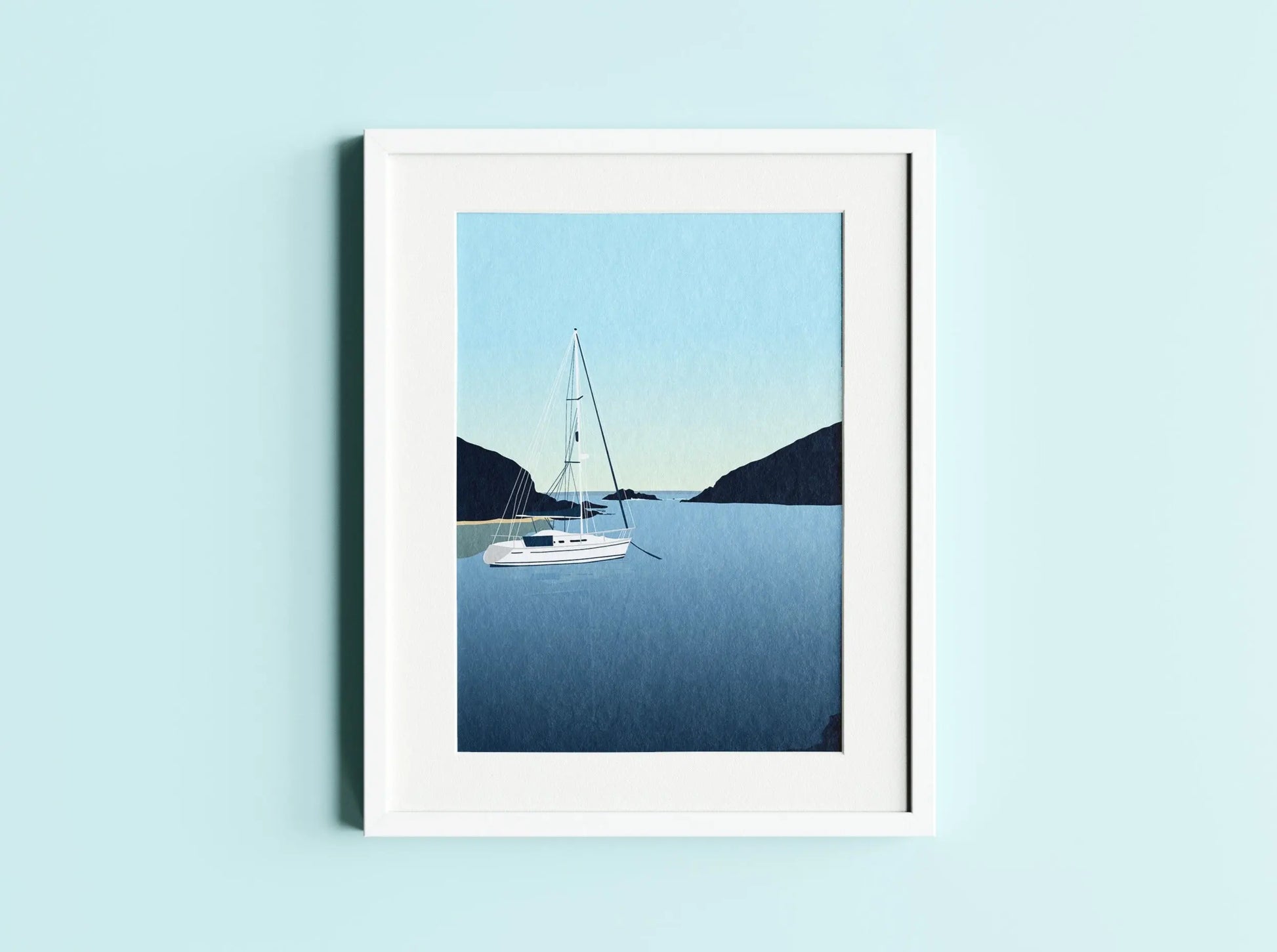 Digital mockup of Solva Harbour print in white frame on light blue wall background