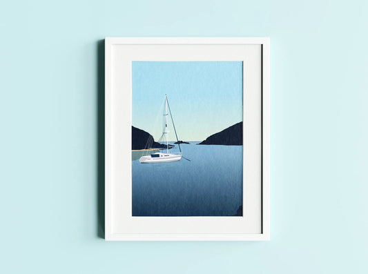 Digital mockup of Solva Harbour print in white frame on light blue wall background