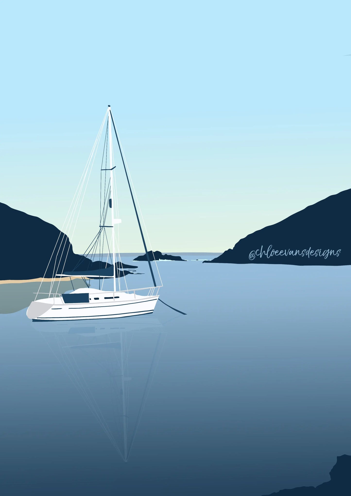 Blue digital illustration of Solva harbour