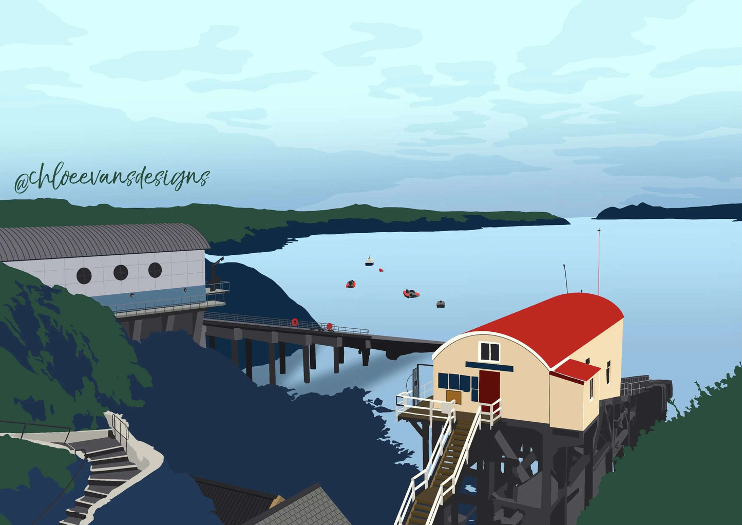 Blue, green, and red illustration of the new and old St Justinians lifeboat stations