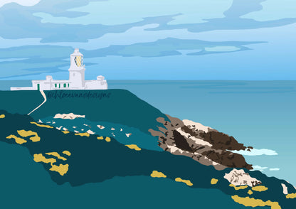 Green and blue digital illustration of Strumble Head lighthouse