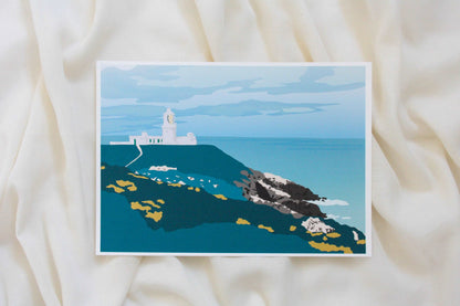 Photo of Strumble Head lighthouse print on cream fabric backdrop