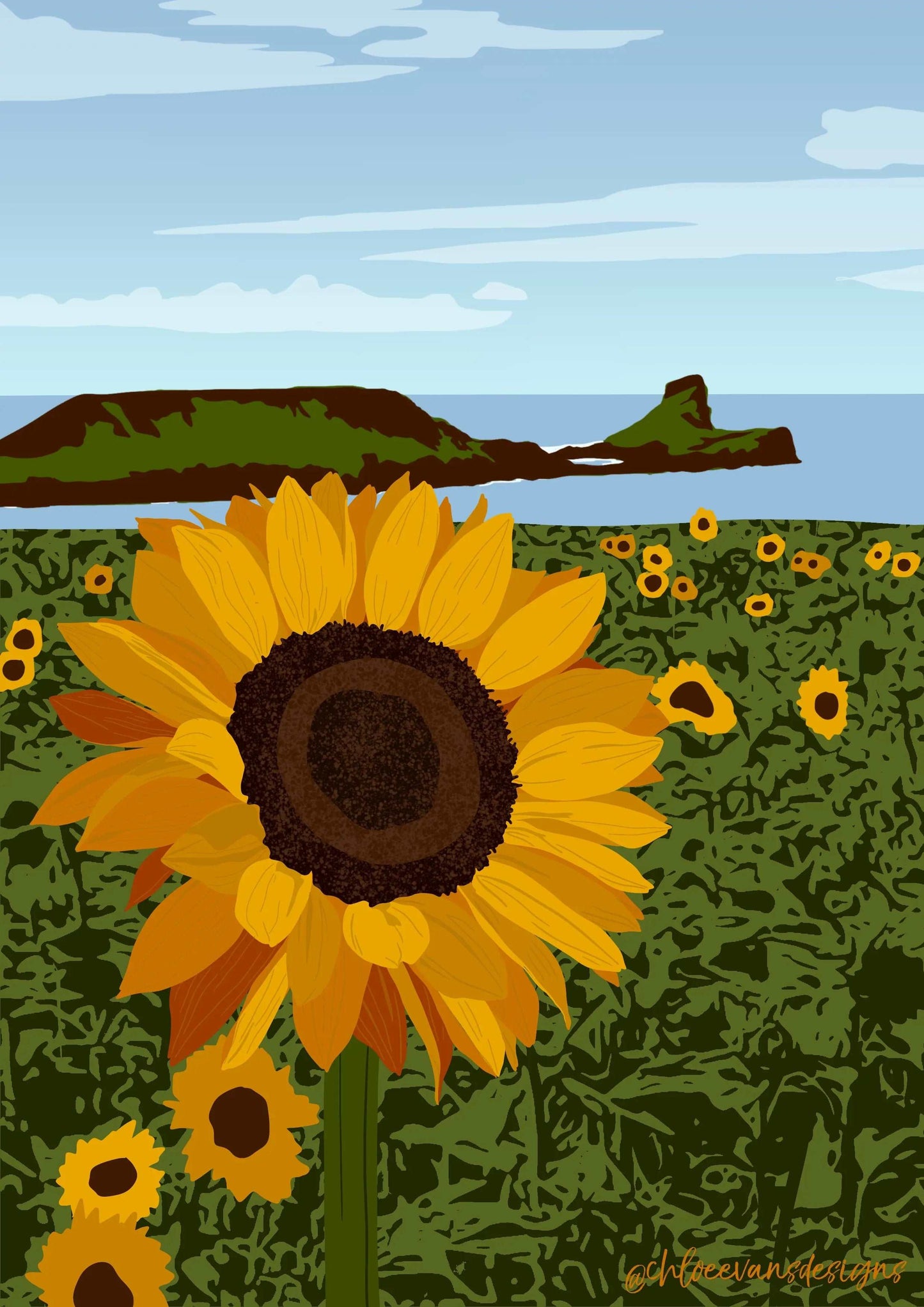 A yellow, green a blue illustration of a sunflower field at Rhossili, with a view of Worms Head and the ocean in the distance.