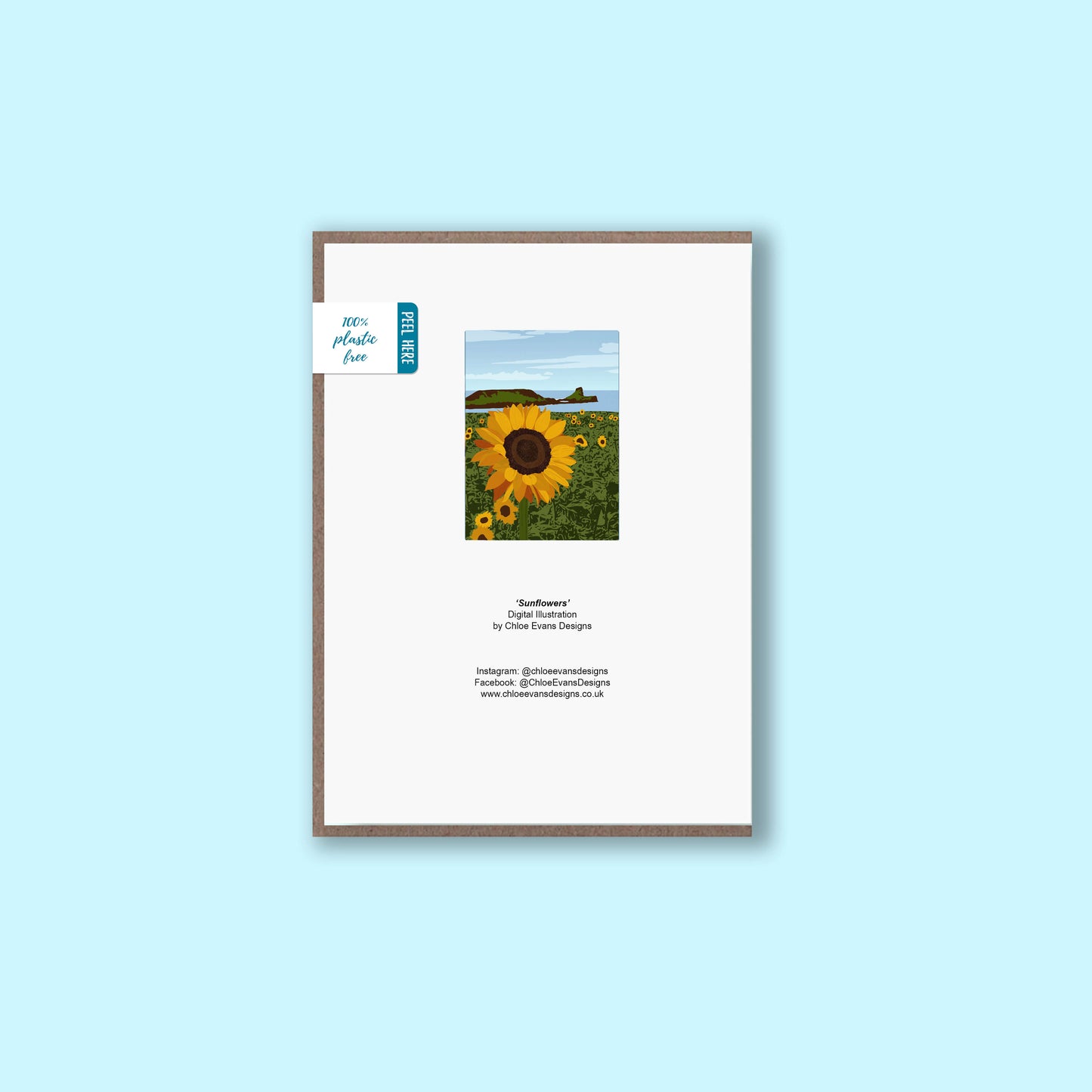 Back of a Rhossili Sunflowers greeting card with recycled kraft envelope and plastic-free packaging removable sticker