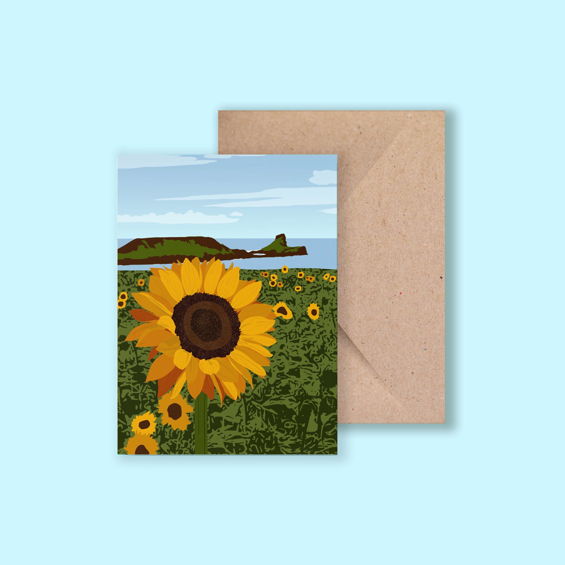 Greeting card featuring sunflowers in bloom at Rhossili with Worm’s Head in the background, illustrated by Chloe Evans Designs