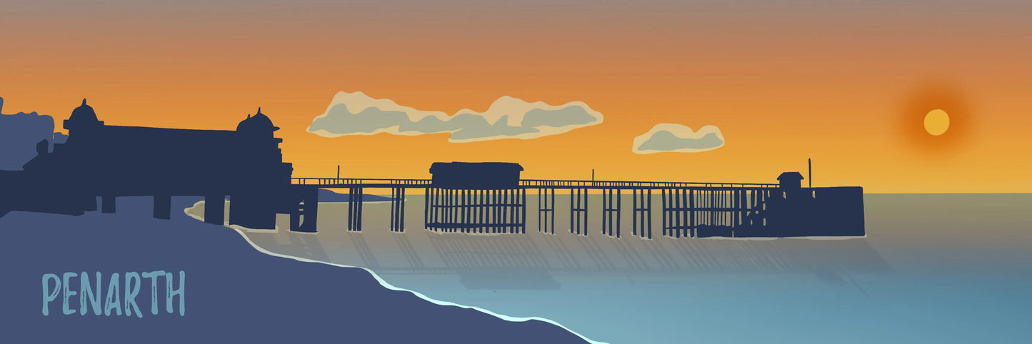 A digital illustration of Penarth pier at sunrise with the sun and clouds in the sky and a calm sea.