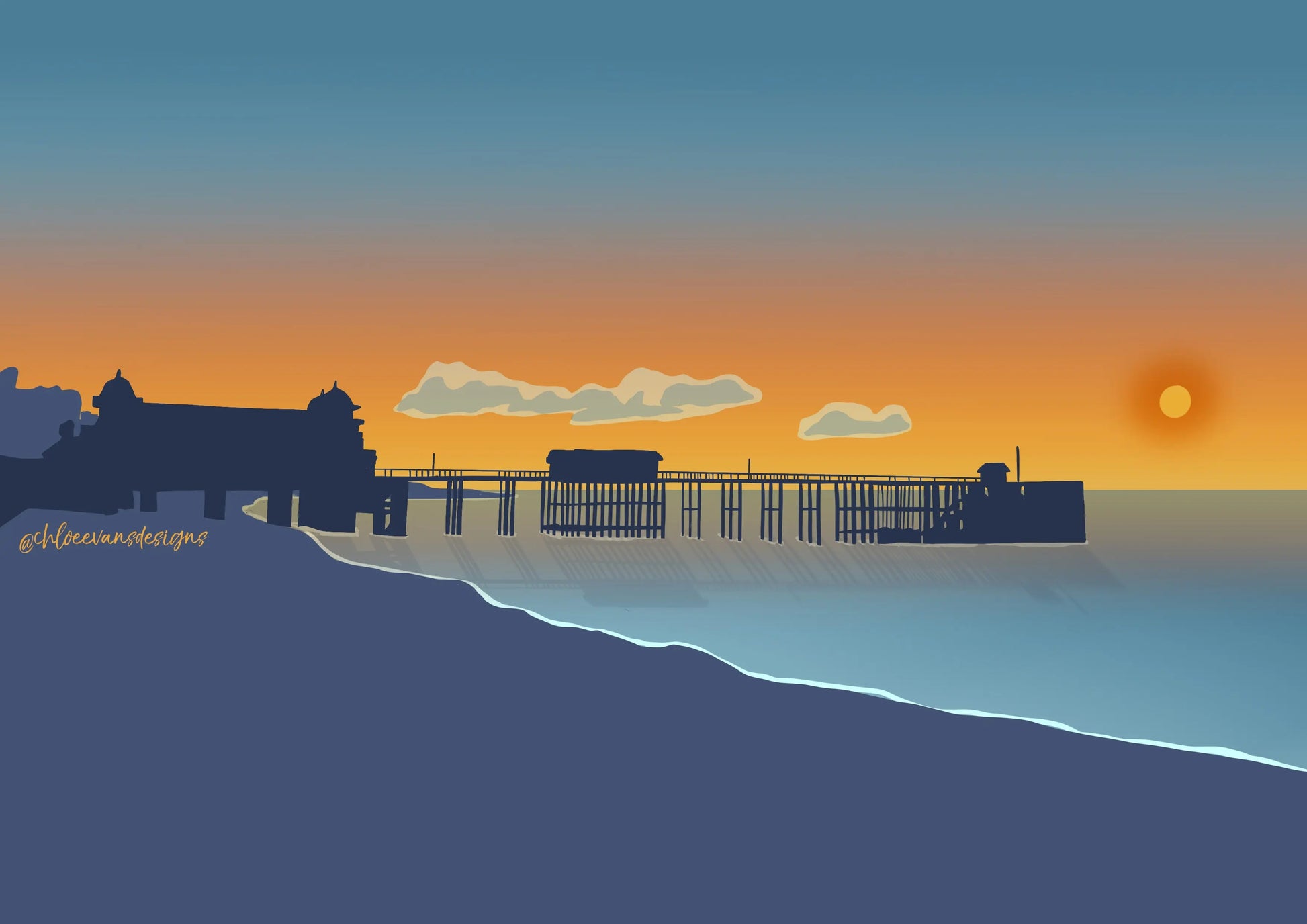 Blue and orange illustration of sunrise over the beach at Penarth Pier