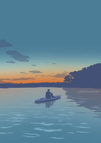 An orange and blue illustration of a paddleboarder sat on their paddleboard watching the sunset over the headland.