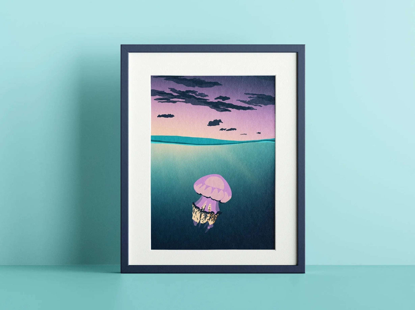 A mockup of a jellyfish illustration framed and shown against a light blue background.