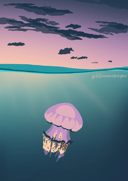 A blue, purple, and pink illustration of a barrel jellyfish in the ocean, beneath a sunset sky.