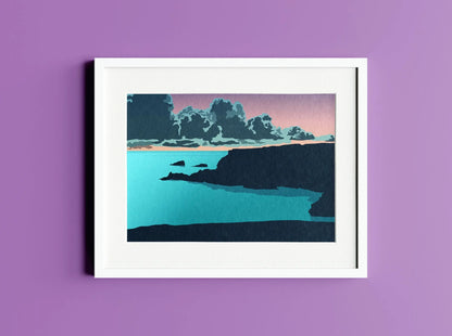 Digital mockup of Sunset Over the Secret Cove at Bosherston Print in white frame on purple wall background