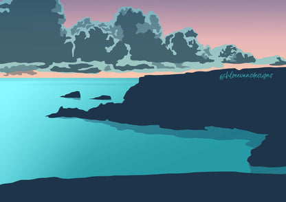 Purple, orange and blue digital illustration of Sunset Over the Secret Cove at Bosherston Print