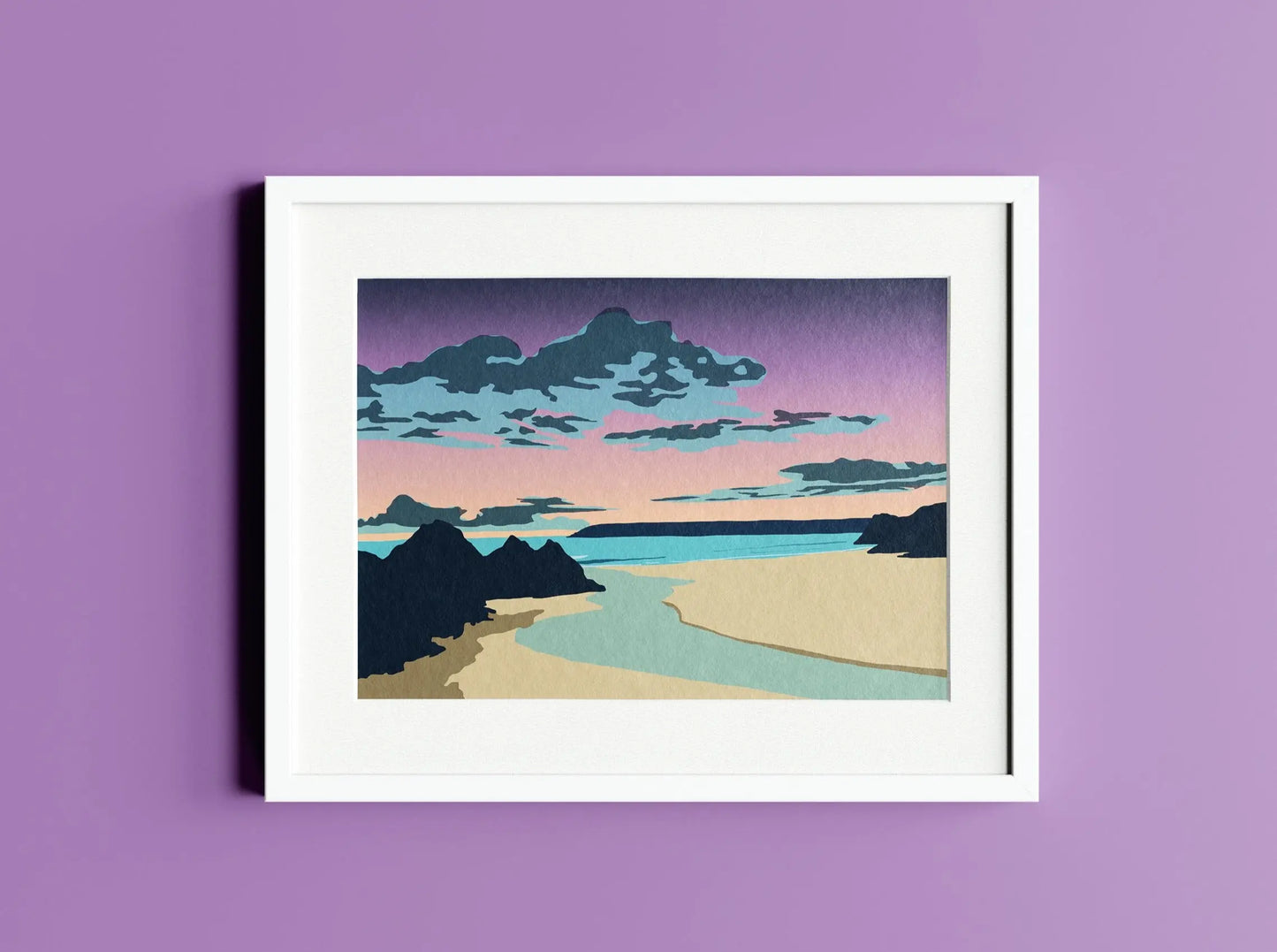 Digital mock up of purple and blue Three Cliffs bay sunset print in white frame on purple wall background